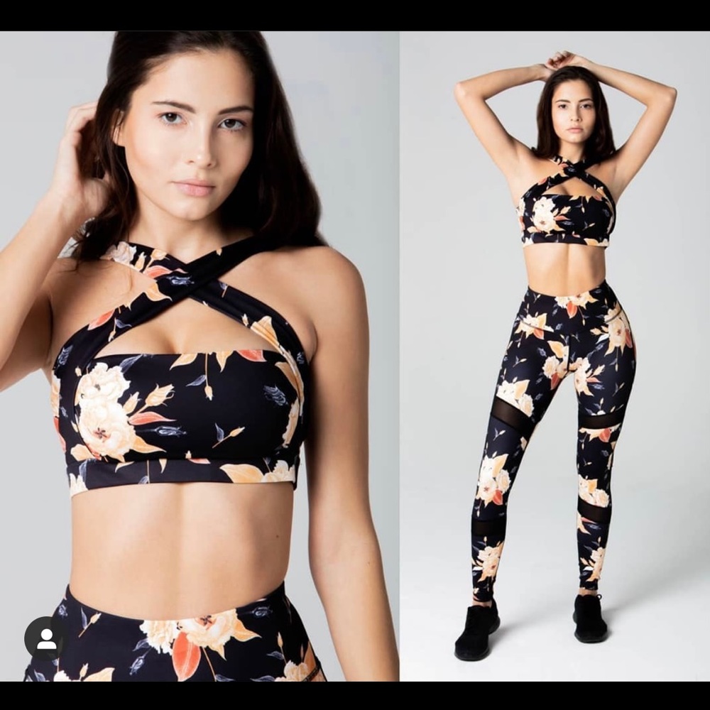 Black and orange floral multi-way sports bra